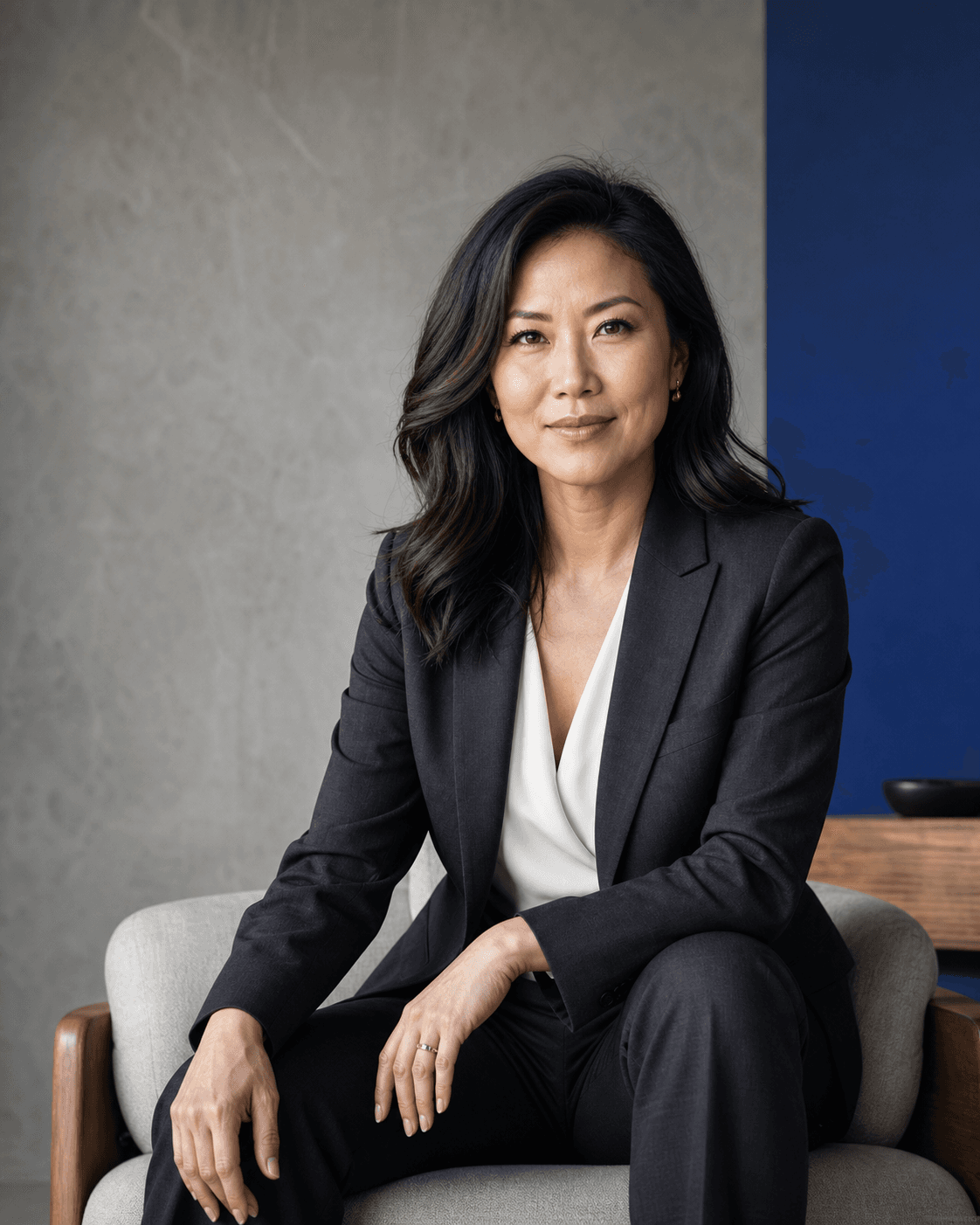 Executive coach Amelia Koh seated in a contemporary studio