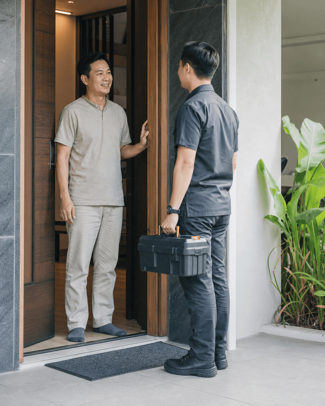 Homeowner welcoming a home-service technician at the front door